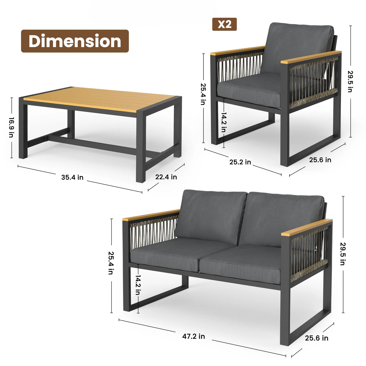 Outdoor Patio Furniture Set With Wicker Armrests And Plastic Wood