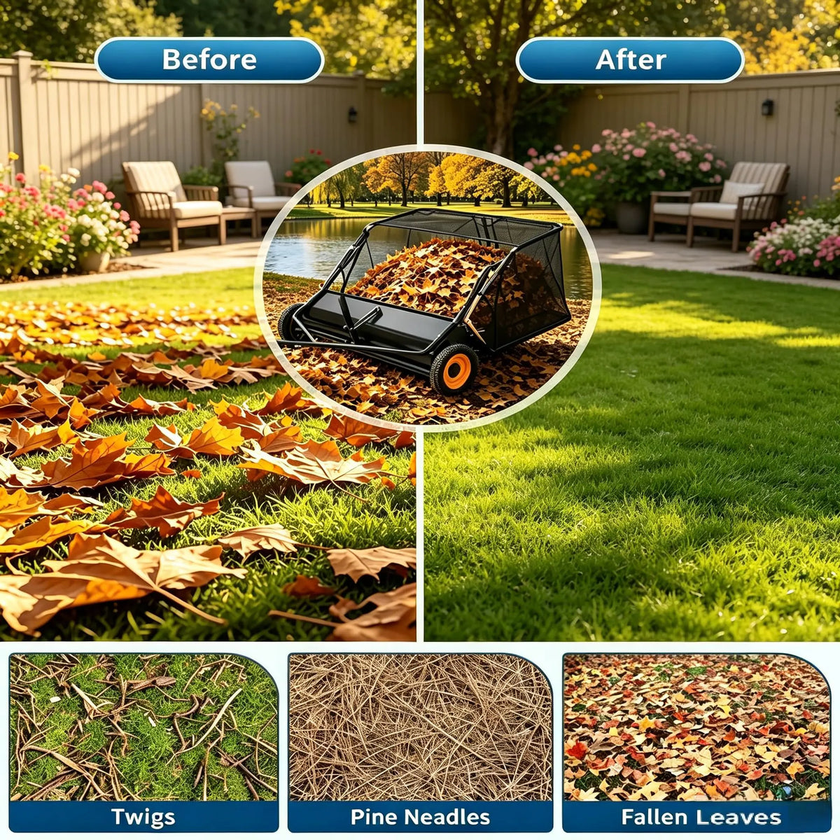 Tow Behind Lawn Sweeper With Adjustable Brush And Dumping Rope