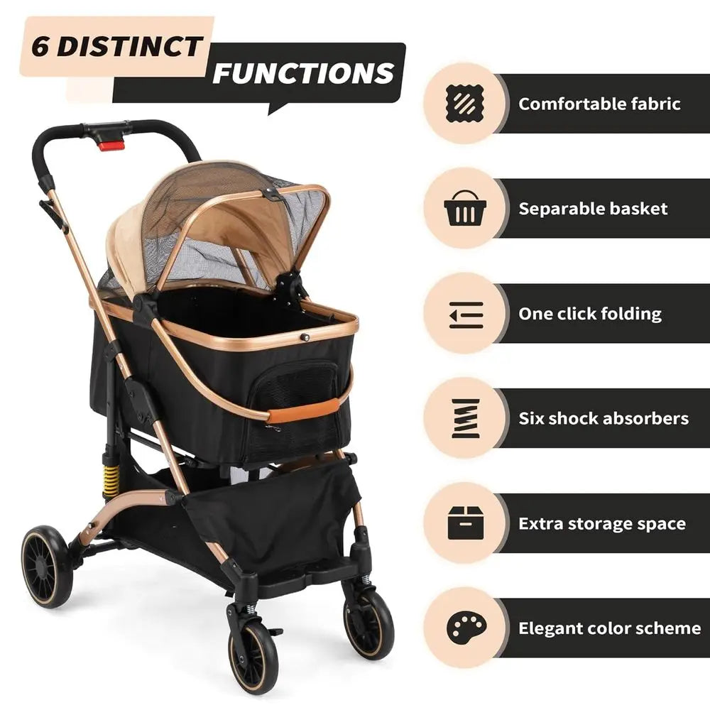 Pet Stroller With Shock Absorbers Storage Basket And Dual Brakes