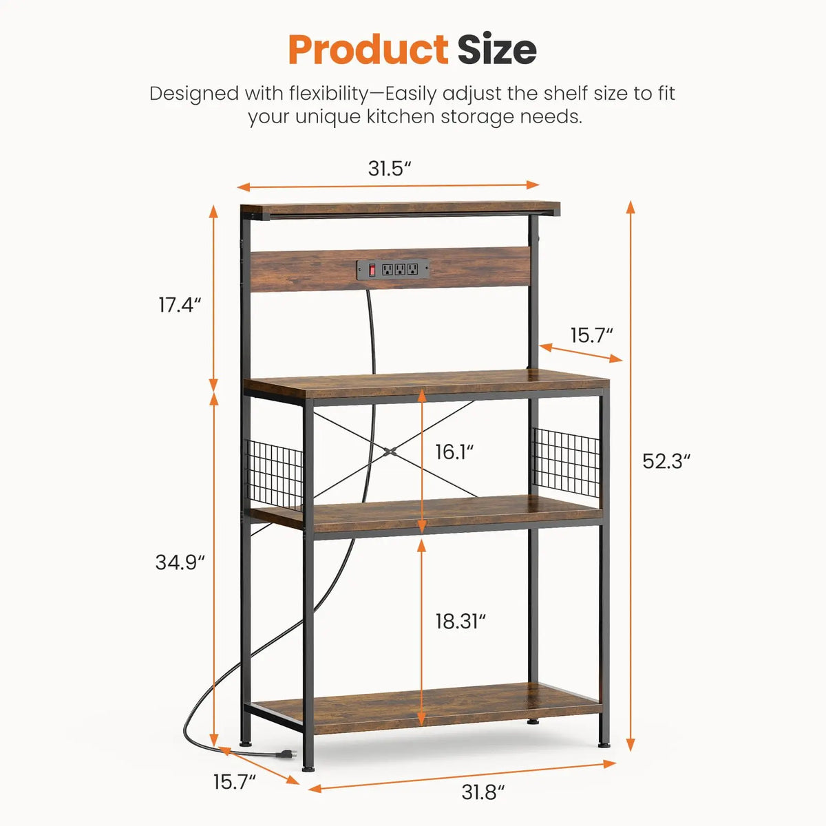 JHK Bakers Rack With Power Outlet And Tiered Storage Shelves