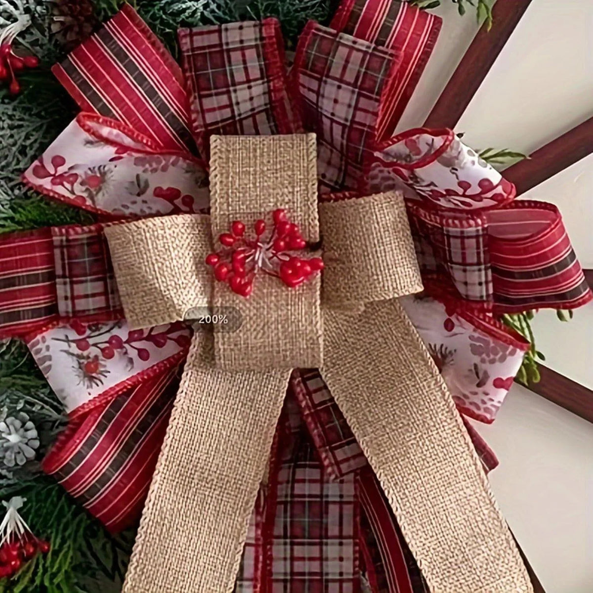 Farmhouse Christmas Wagon Wheel Wreath With Plaid Bows And Berries