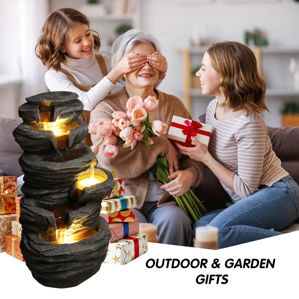 Stacked Rock Waterfall Fountain With Lights For Patio Garden Decor