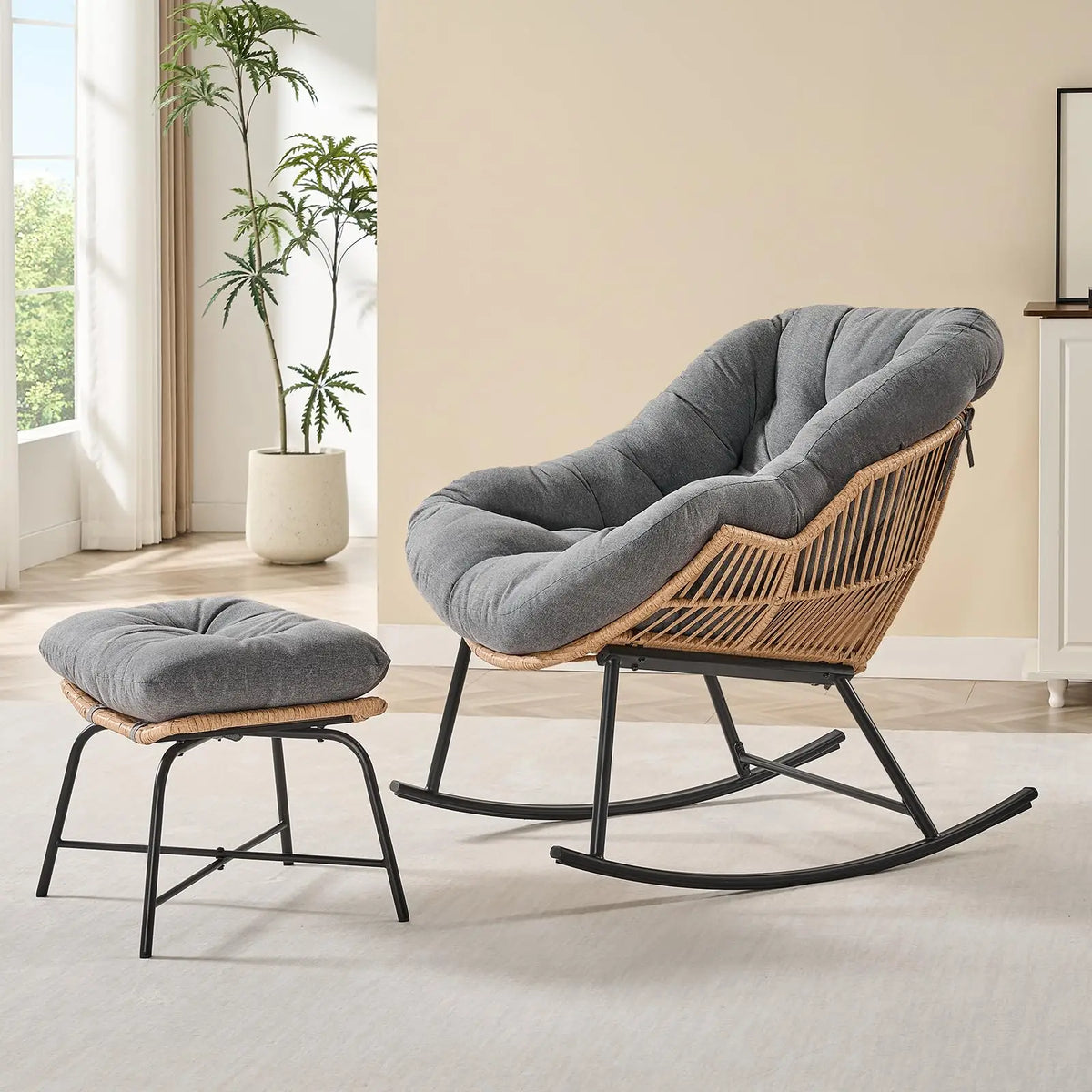 ONBRILL Rattan Papasan Rocking Chair With Ottoman for Patio Lounge