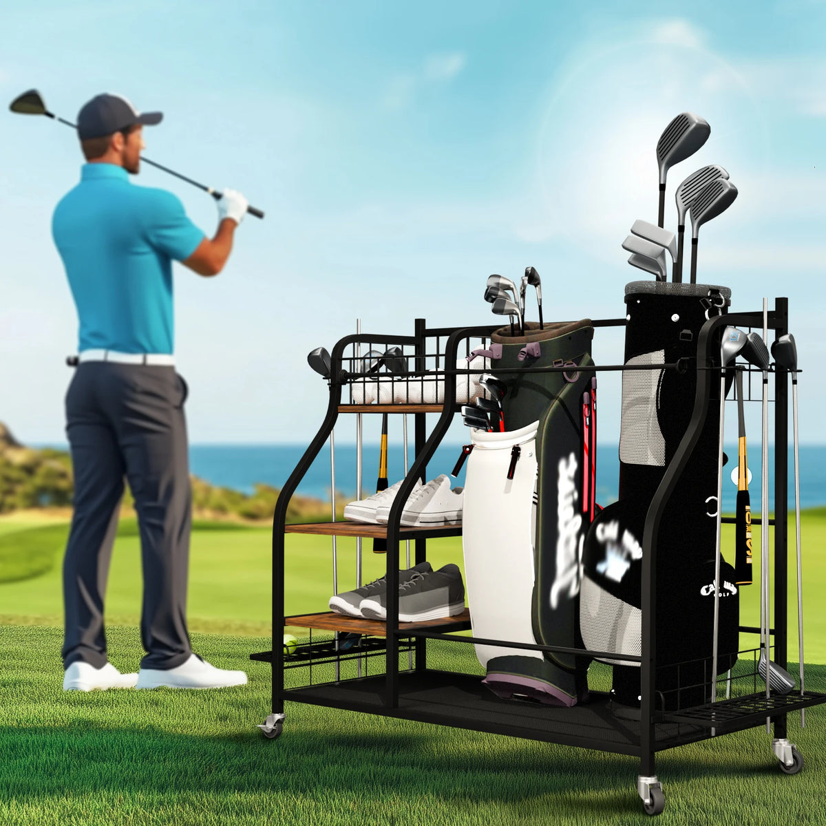 Rolling Golf Bag Storage Rack With Wheels And Metal Shelves