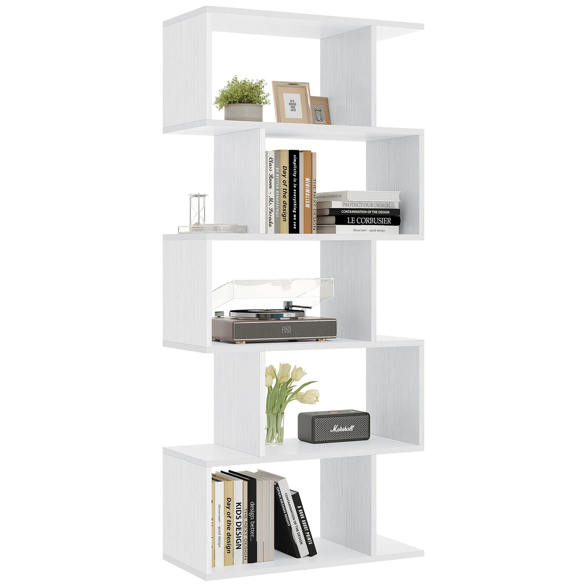 JHK Five Tier Geometric S Shaped Wooden Bookcase Display Shelf