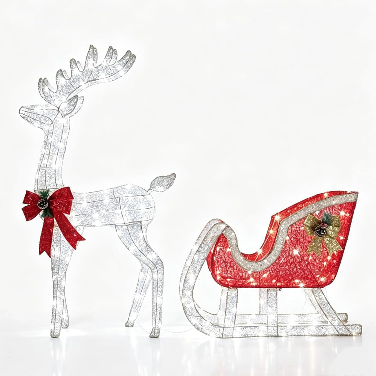 HiMISS Lighted Christmas Reindeer And Sleigh Outdoor Yard Decor