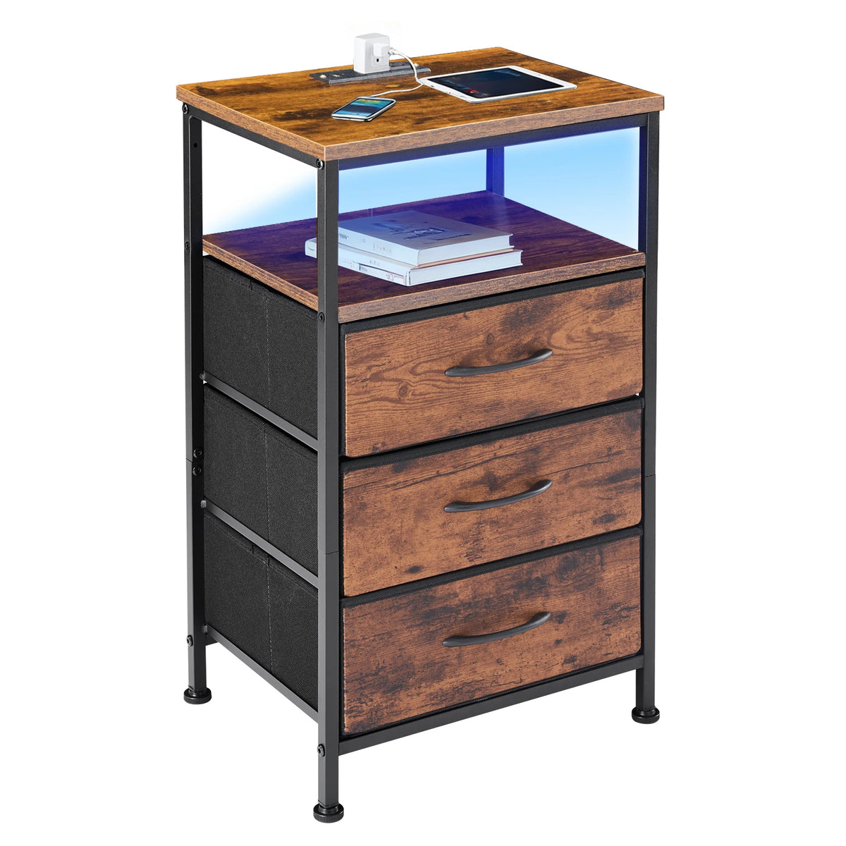 JHK Fabric Drawer Nightstand With Charging Station And USB Ports