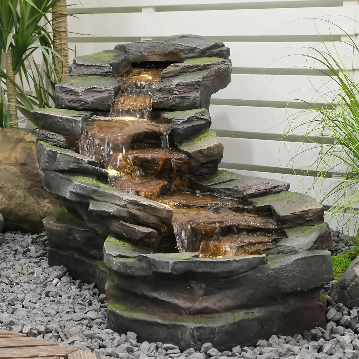 Tree Trunk Outdoor Waterfall Fountain With LED Lights For Garden