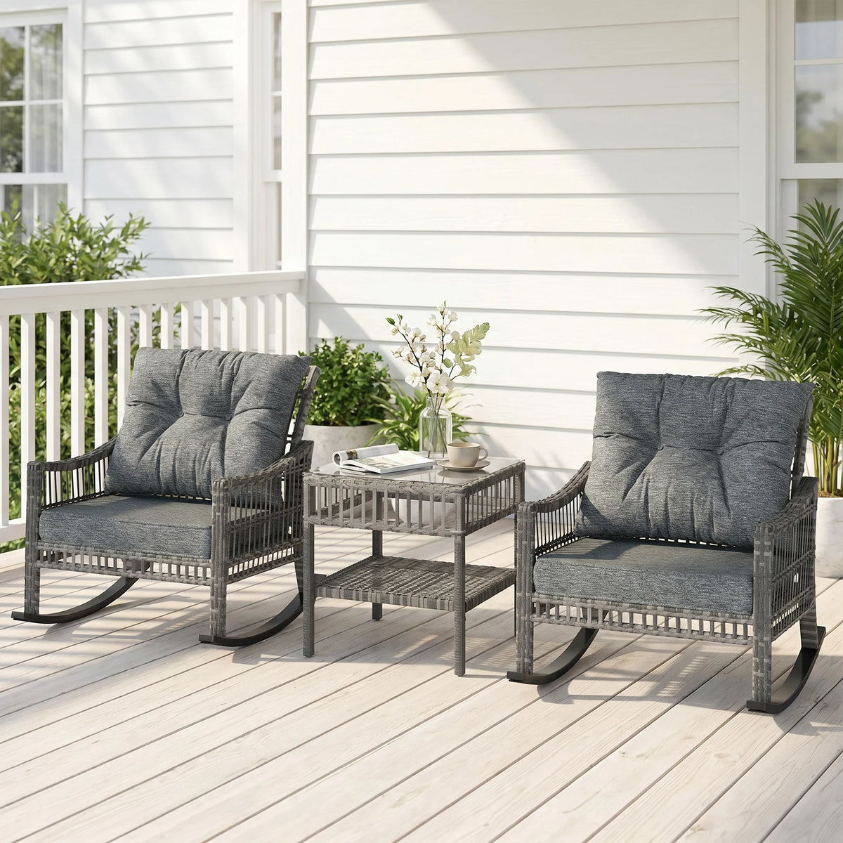 Outsunny Outdoor Rattan Rocking Chair Set With Tempered Glass Table