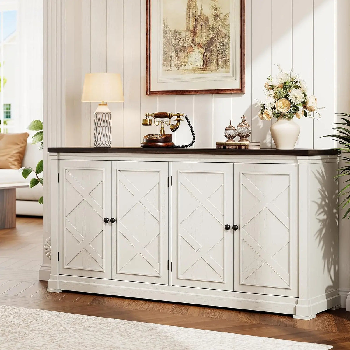 ONBRILL Solid Wood Sideboard Buffet Cabinet With Barn Doors and Shelves