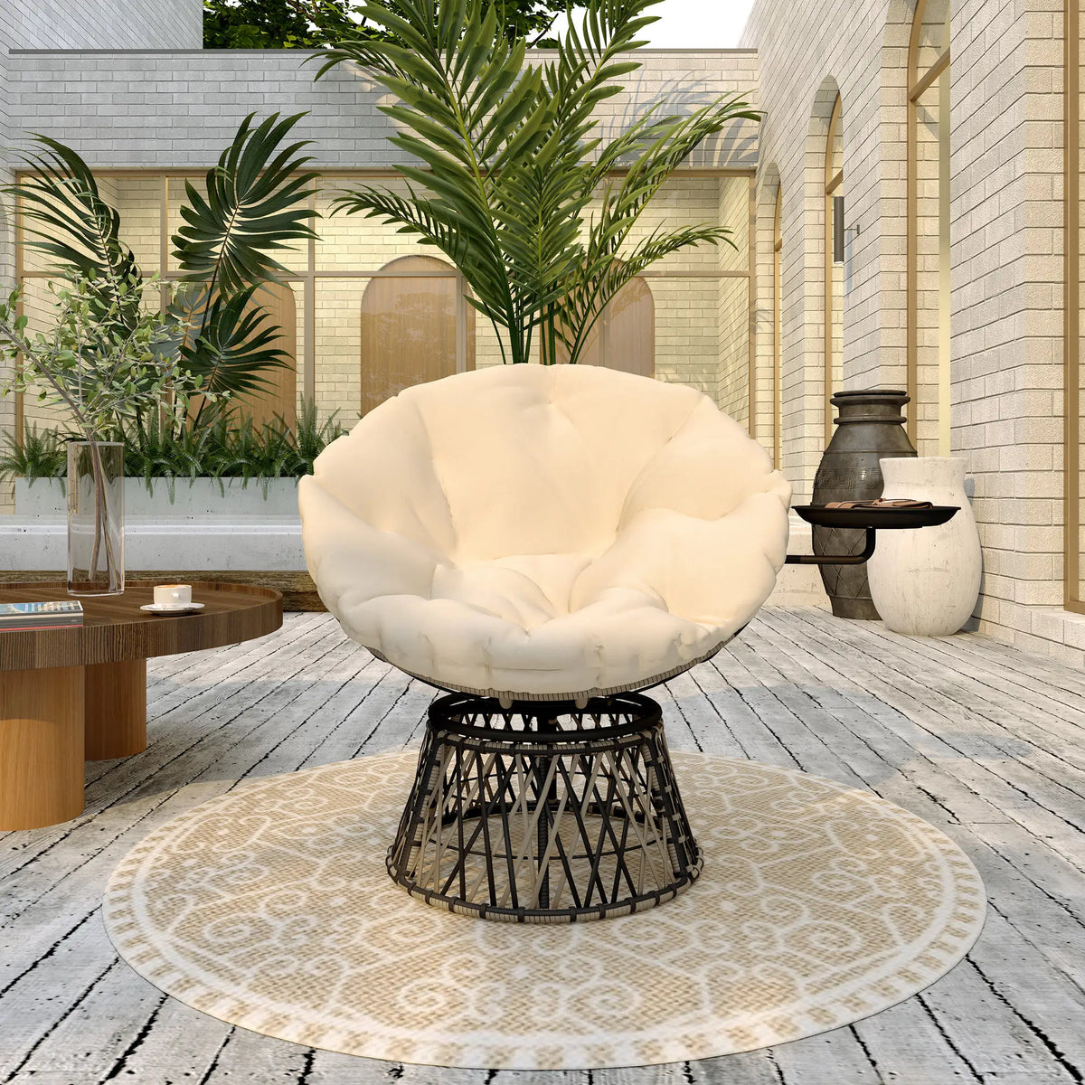 Outsunny Outdoor Swivel Papasan Chair With Side Tray And Cushion
