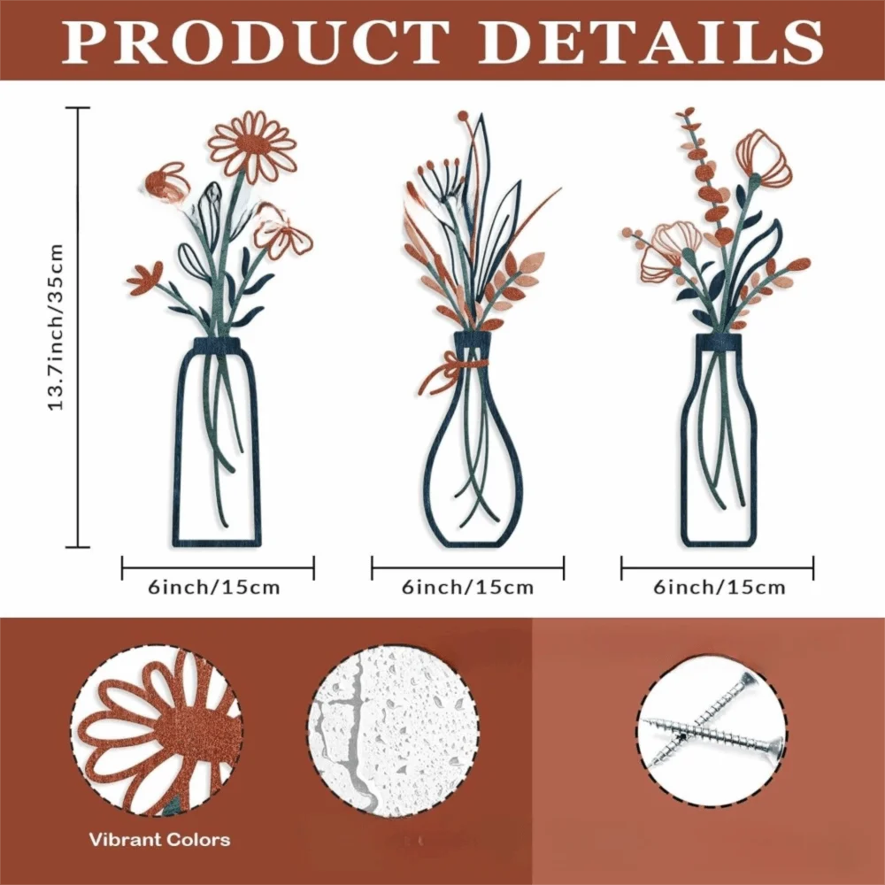 Metal Floral Vase Wall Art For Boho Farmhouse Decor
