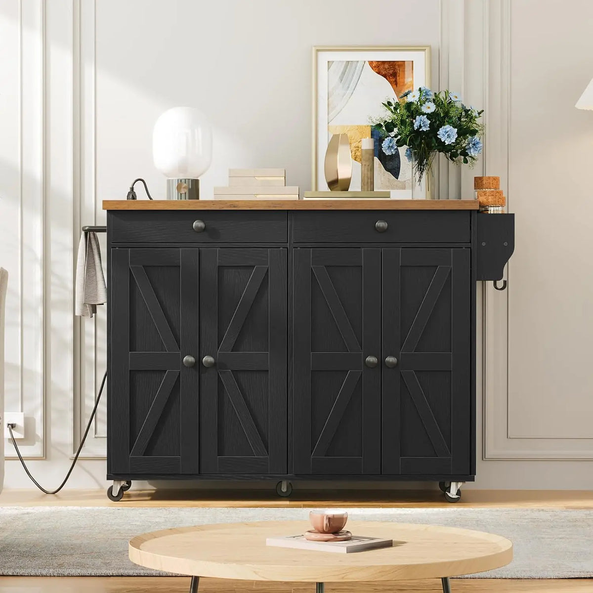 Kitchen Island Cart With Power Outlet, Storage, Spice Rack And Hooks