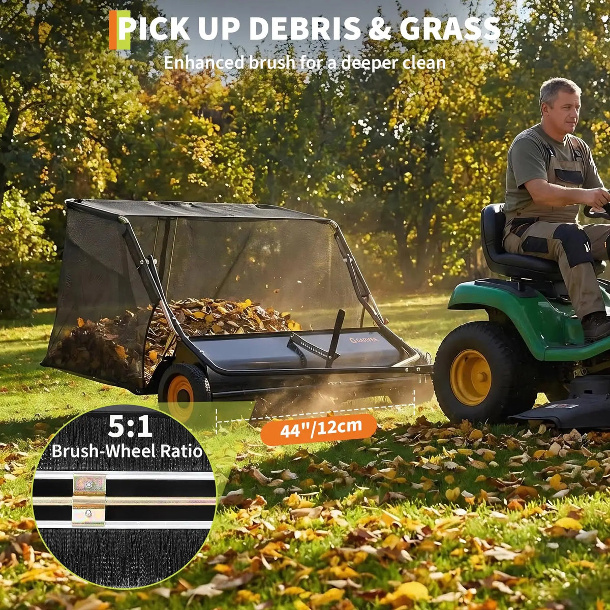 Tow Behind Lawn Sweeper With Adjustable Brush And Dumping Rope