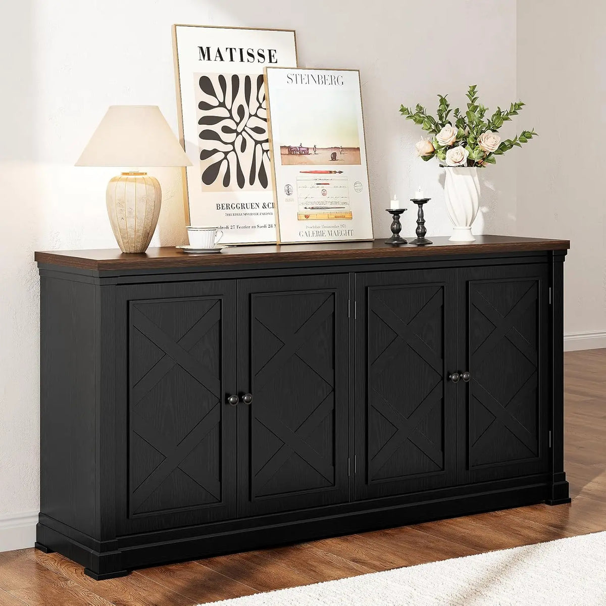 ONBRILL Solid Wood Sideboard Buffet Cabinet With Barn Doors and Shelves