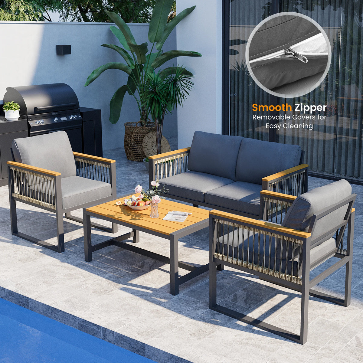 Outdoor Patio Furniture Set With Wicker Armrests And Plastic Wood