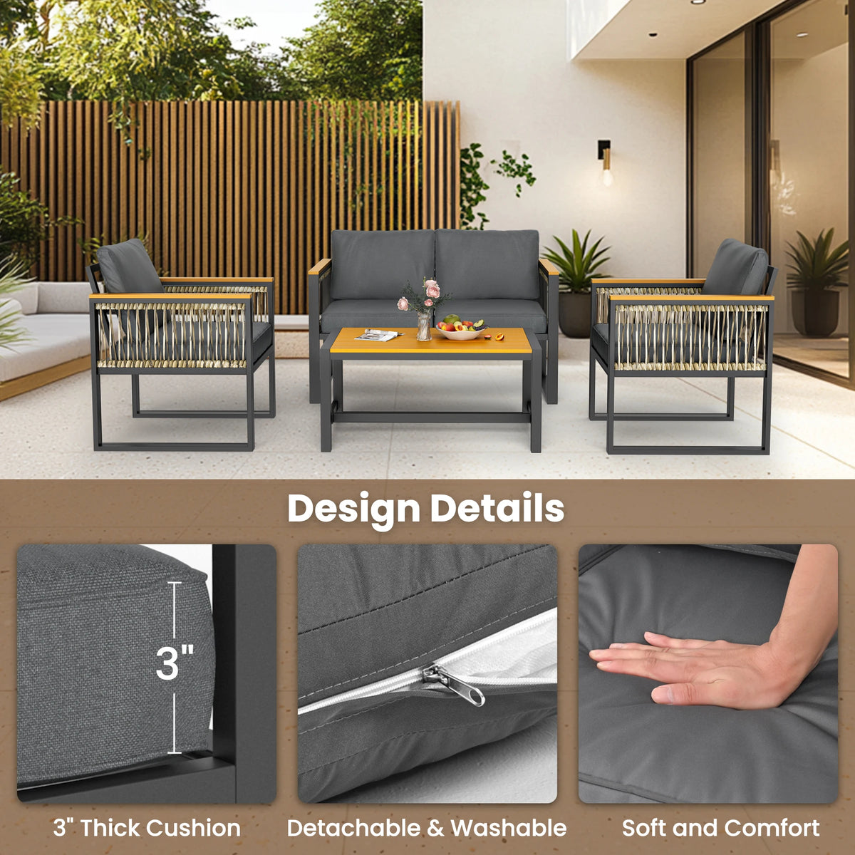 Outdoor Patio Furniture Set With Wicker Armrests And Plastic Wood