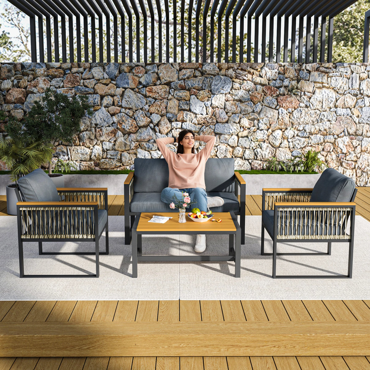 Outdoor Patio Furniture Set With Wicker Armrests And Plastic Wood