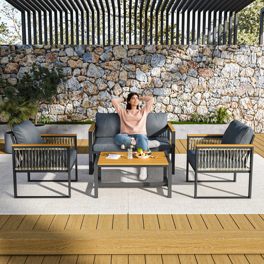 Outdoor Patio Furniture Set With Wicker Armrests And Plastic Wood