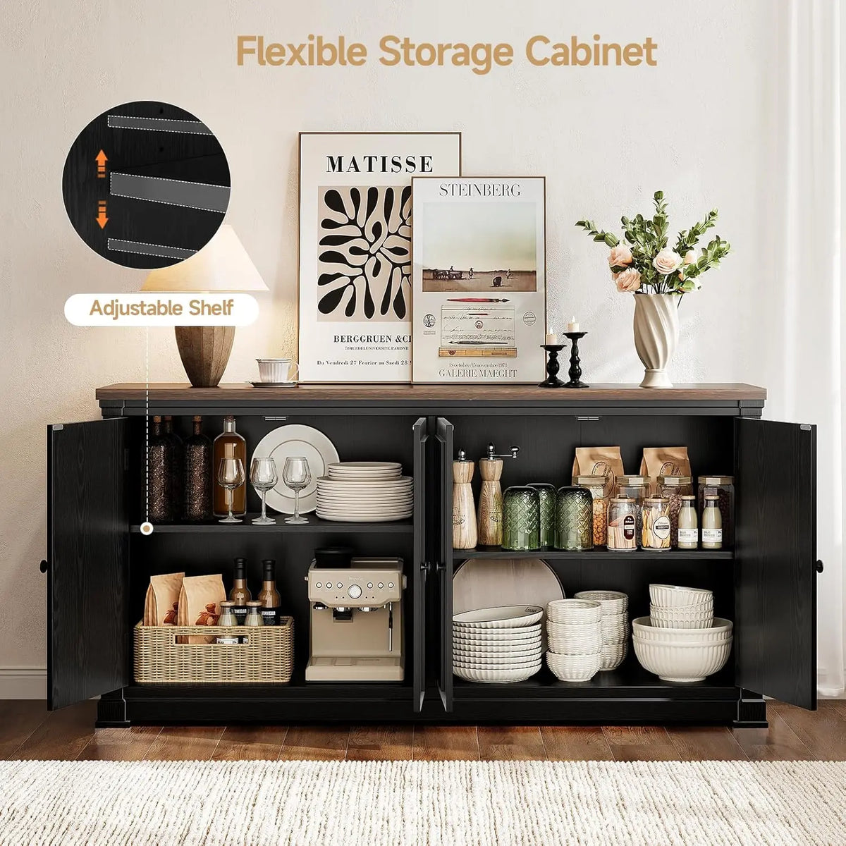 ONBRILL Solid Wood Sideboard Buffet Cabinet With Barn Doors and Shelves