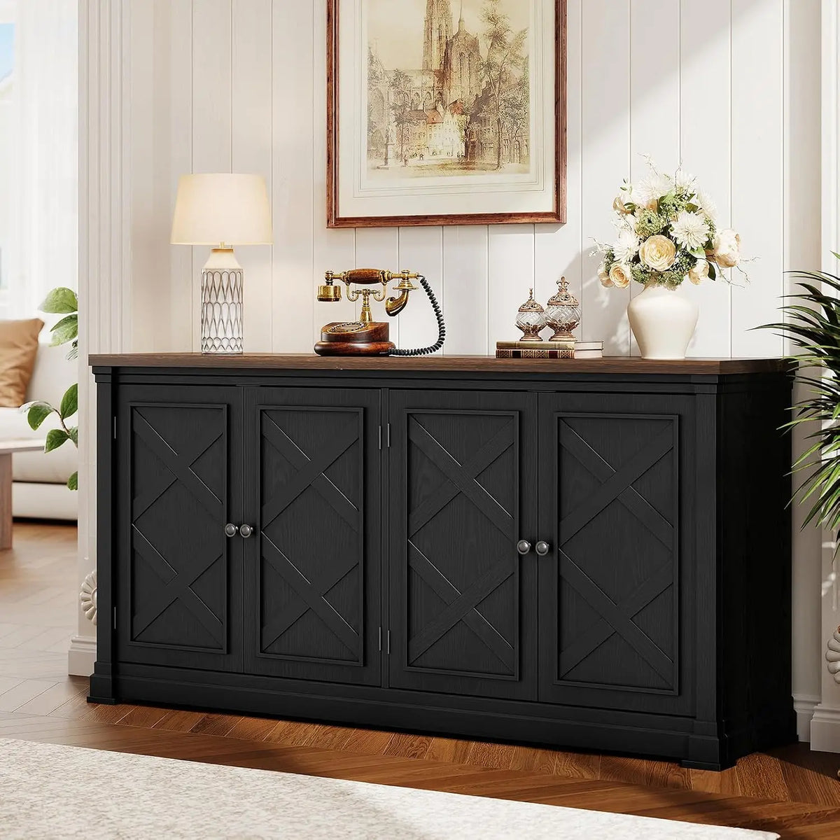 ONBRILL Solid Wood Sideboard Buffet Cabinet With Barn Doors and Shelves