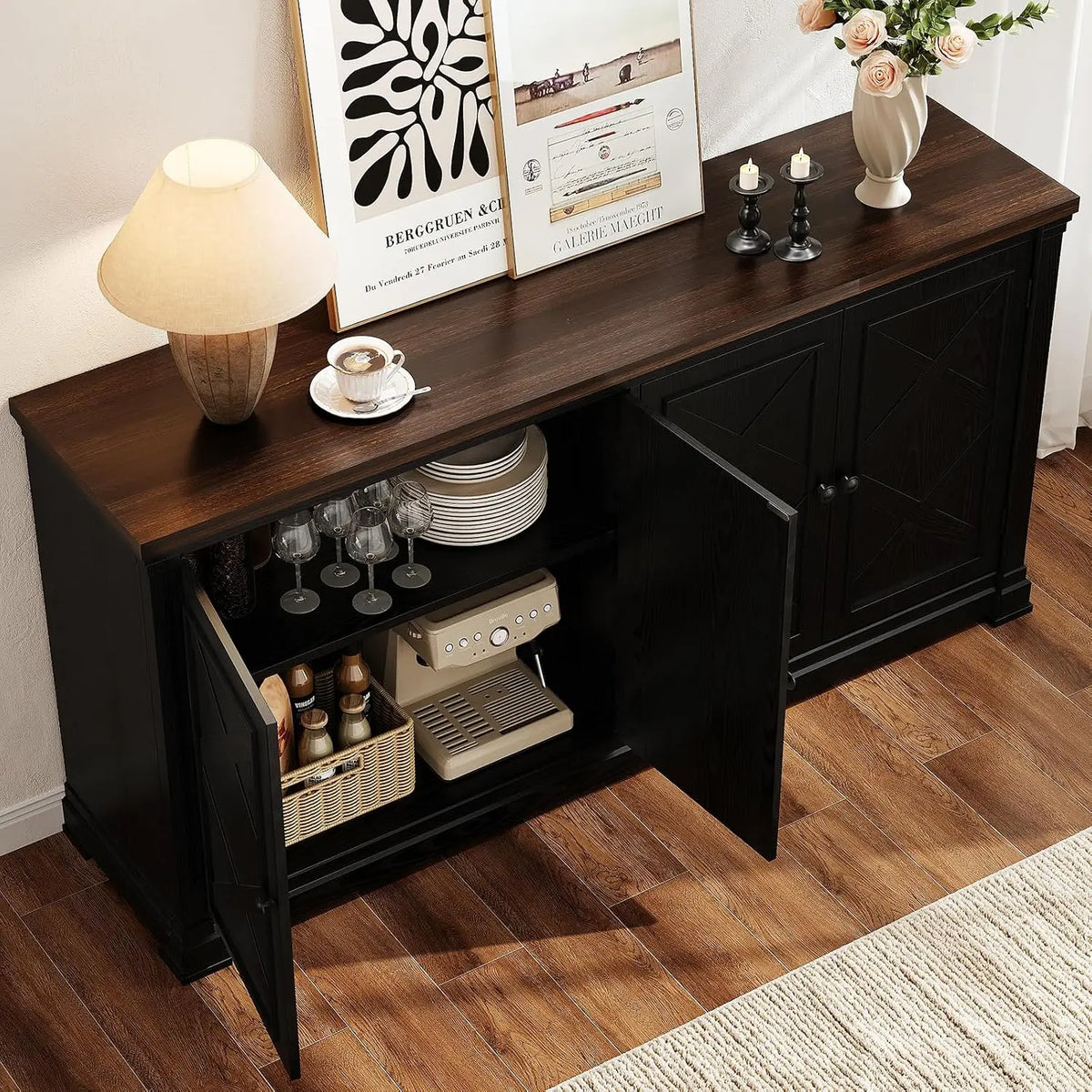 ONBRILL Solid Wood Sideboard Buffet Cabinet With Barn Doors and Shelves