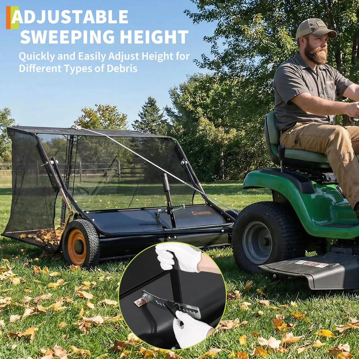 Tow Behind Lawn Sweeper With Adjustable Brush And Dumping Rope