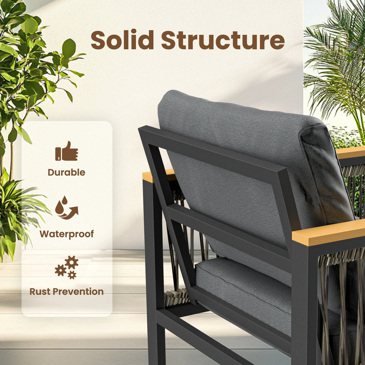 Outdoor Patio Furniture Set With Wicker Armrests And Plastic Wood