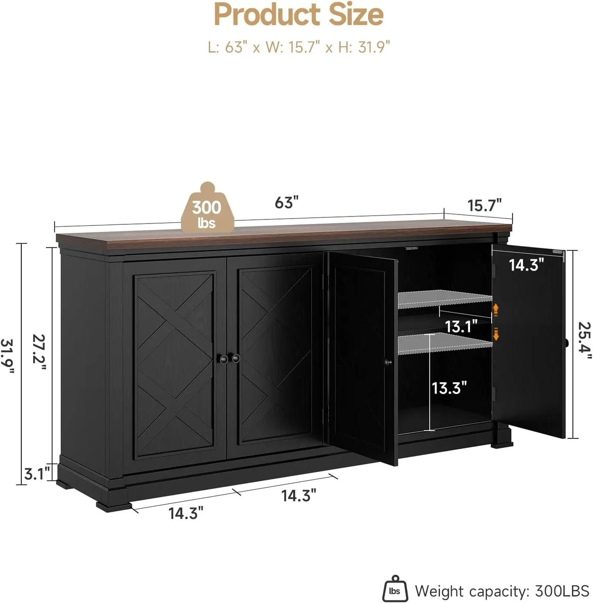 ONBRILL Solid Wood Sideboard Buffet Cabinet With Barn Doors and Shelves