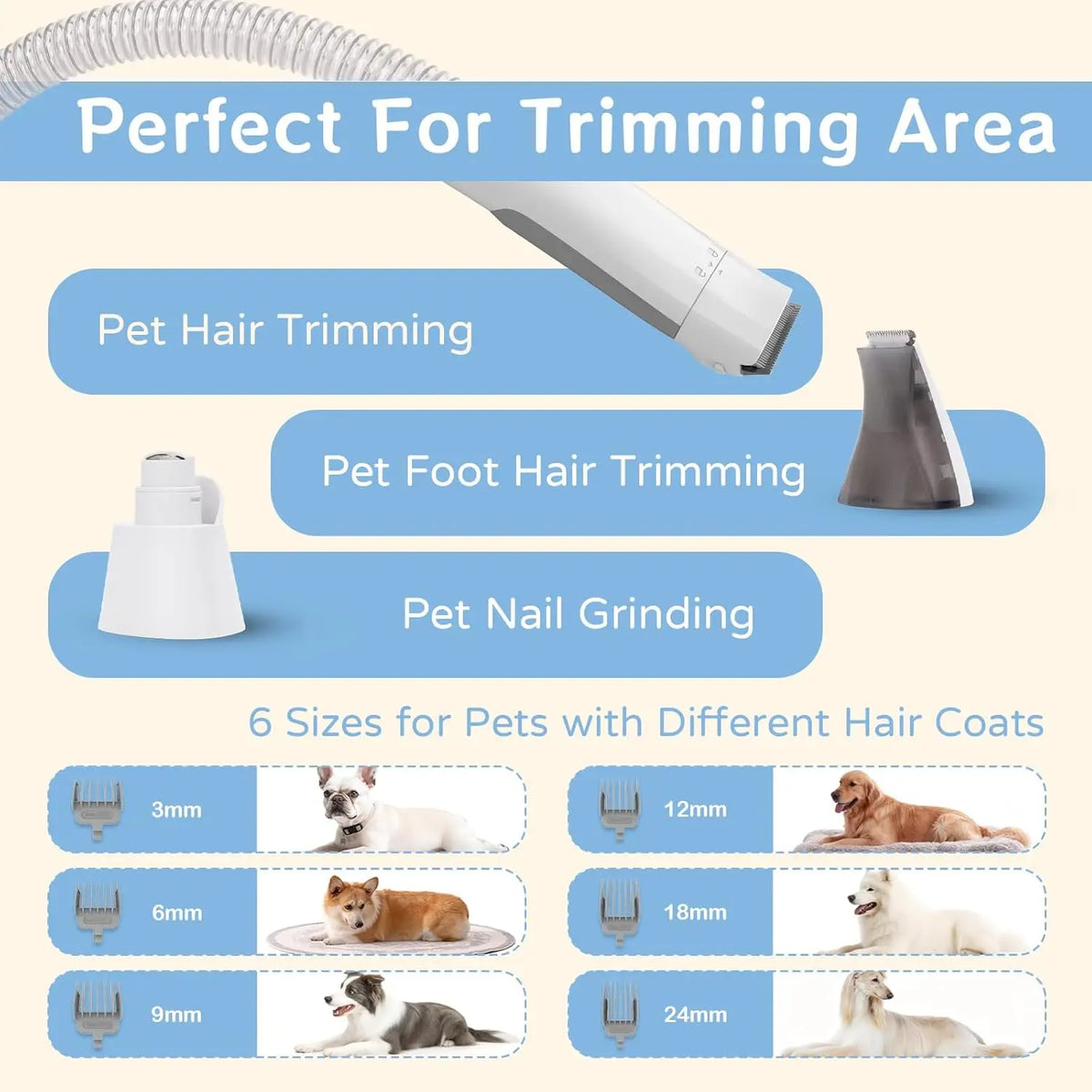 Pet Grooming Vacuum Kit With Shedding Brush And Paw Trimmer