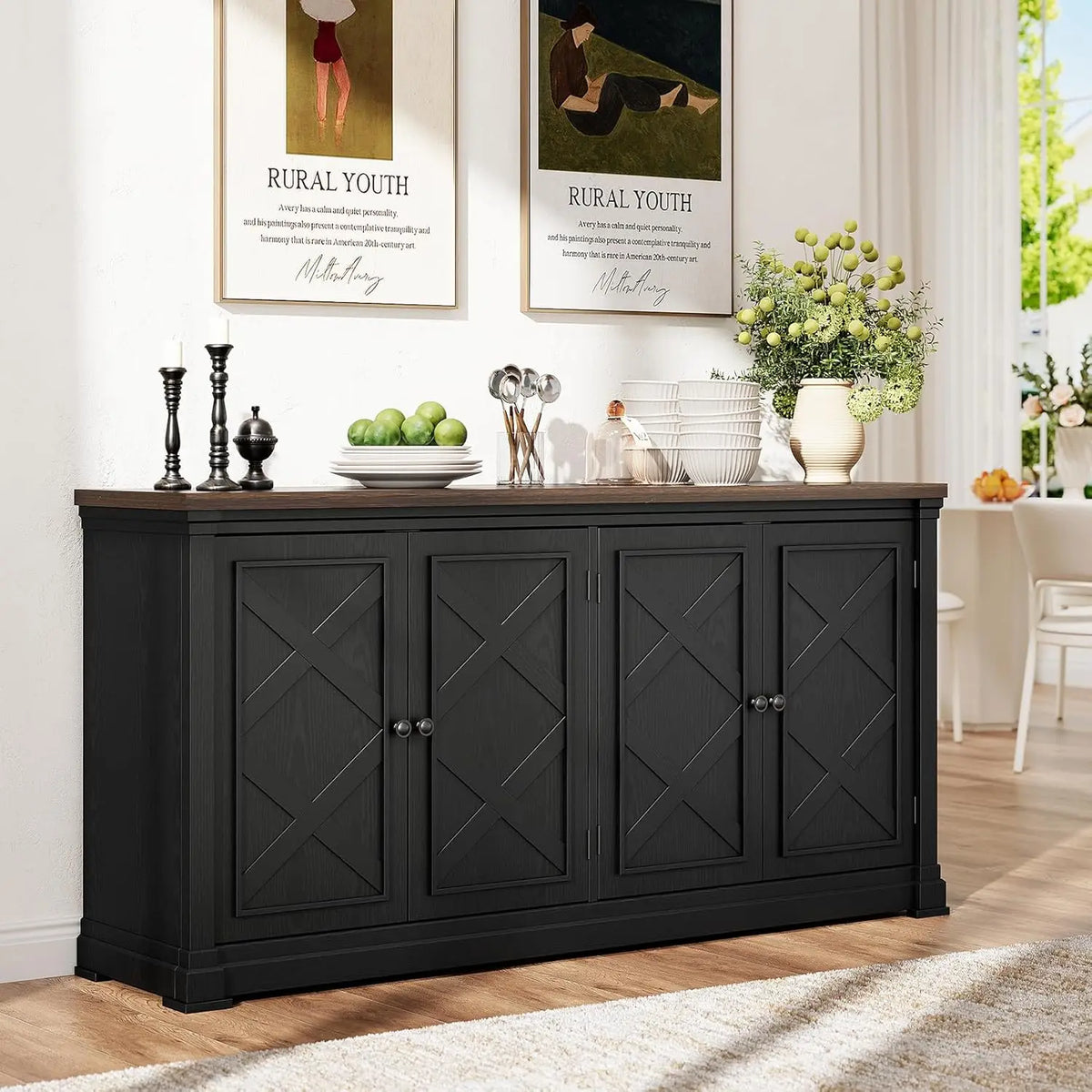 ONBRILL Solid Wood Sideboard Buffet Cabinet With Barn Doors and Shelves