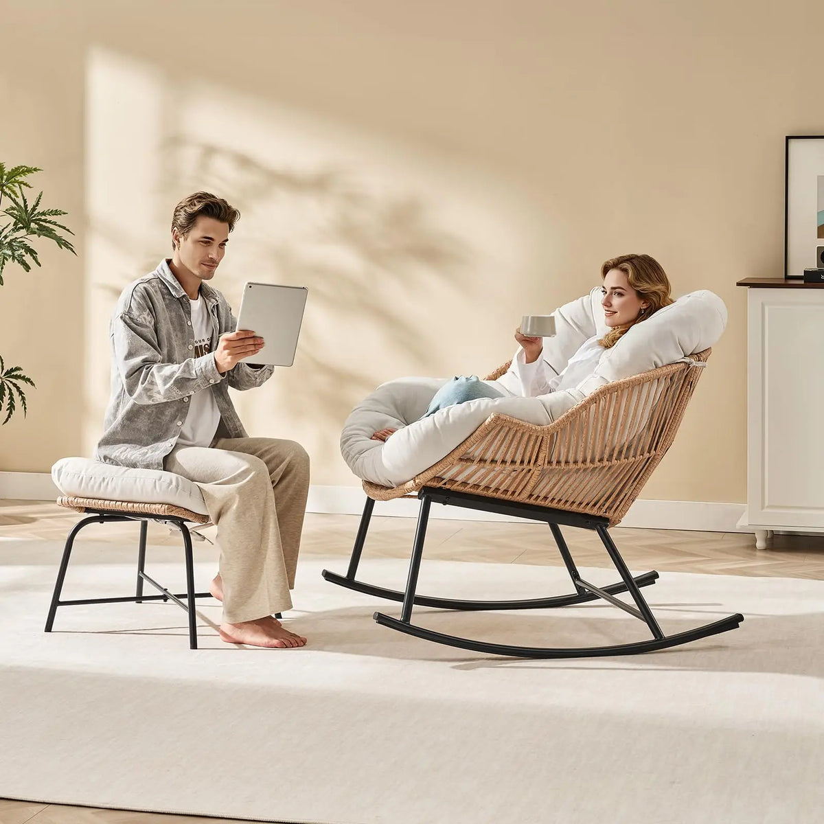 ONBRILL Rattan Papasan Rocking Chair With Ottoman for Patio Lounge