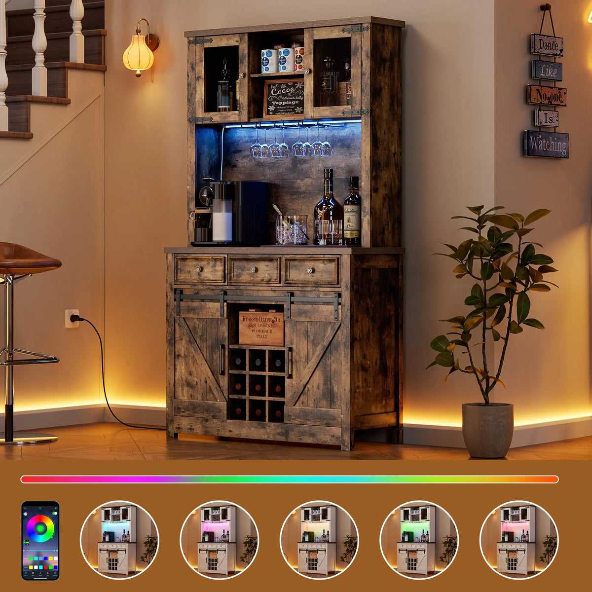 HiMISS Farmhouse Coffee Bar Cabinet With LED Lights And Storage
