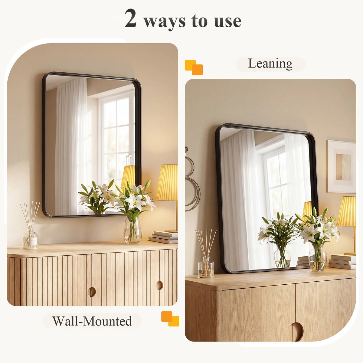 JHK Matte Metal Framed Rounded Rectangle Wall Mount Bathroom Mirror