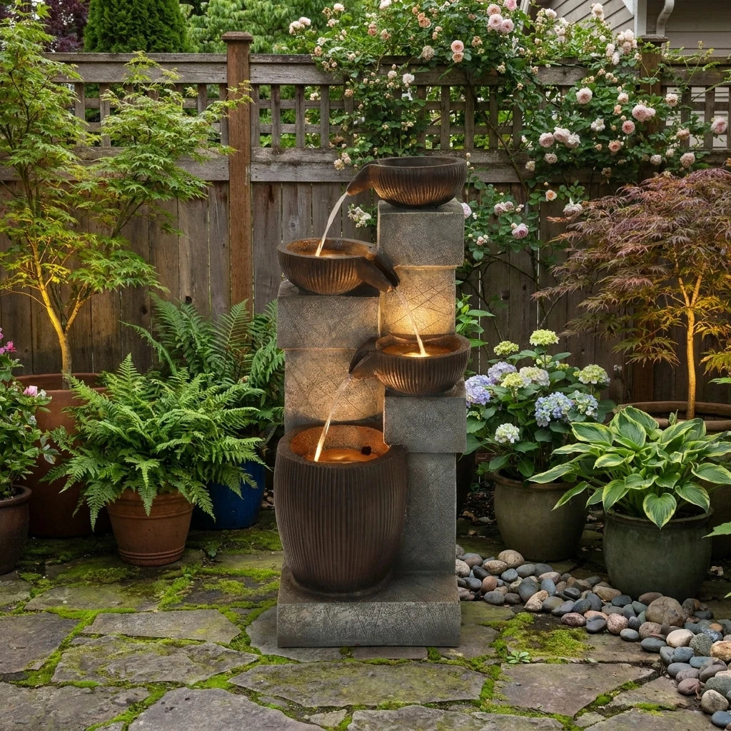 Cascading Water Fountain With LED Lights And Adjustable Flow Pump