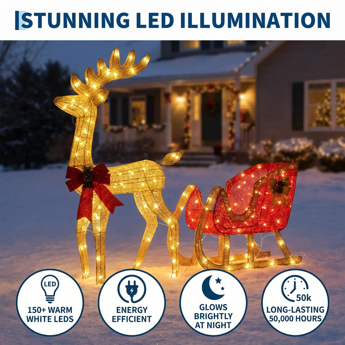 HiMISS Lighted Christmas Reindeer And Sleigh Outdoor Yard Decor
