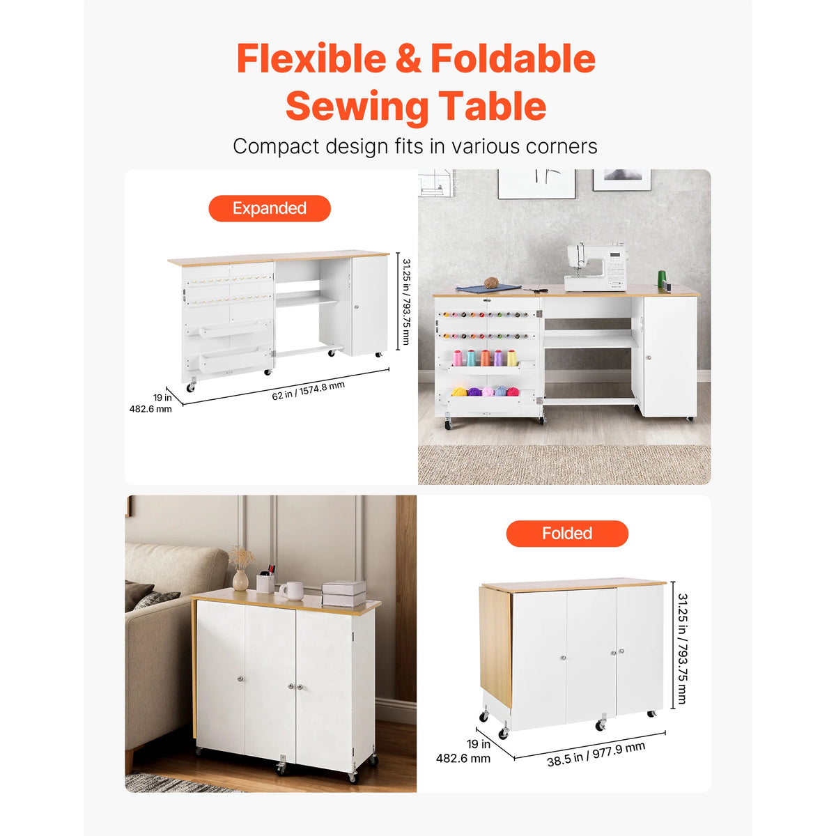 SucceBuy Folding Sewing Table With Cabinet And Charging Station Desk