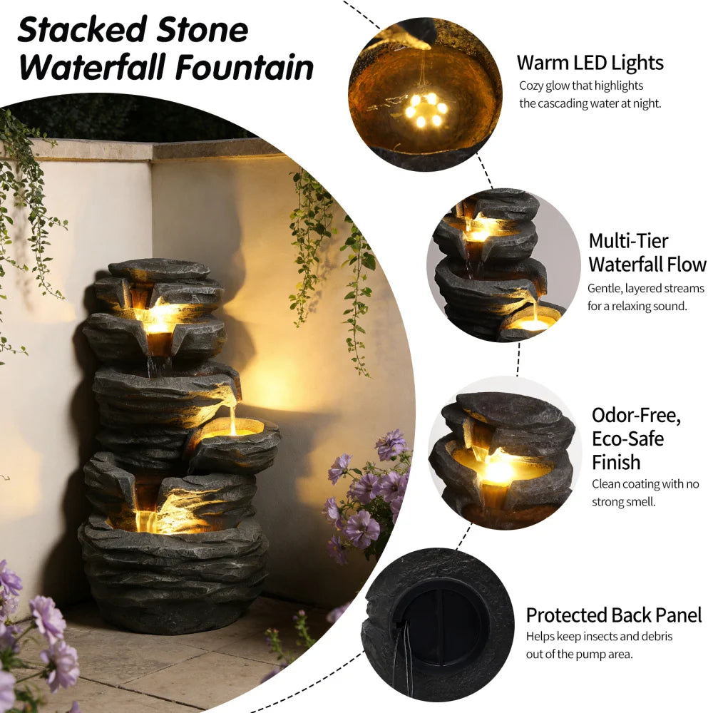 Stacked Rock Waterfall Fountain With Lights For Patio Garden Decor