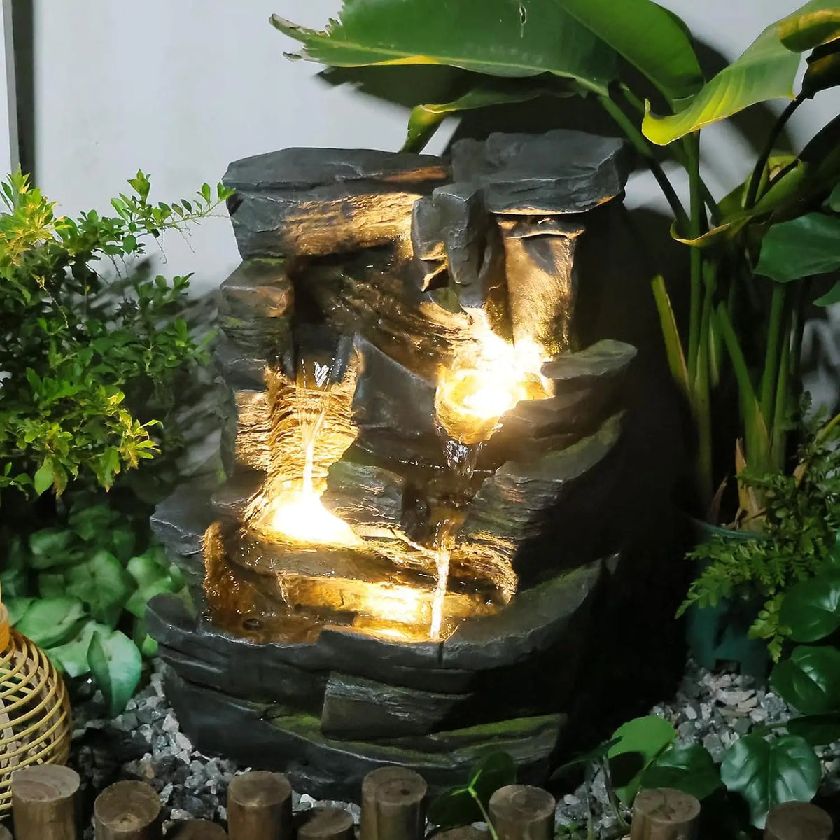 Tree Trunk Outdoor Waterfall Fountain With LED Lights For Garden