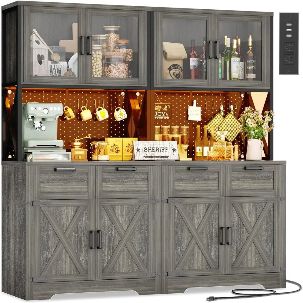Kitchen Pantry Storage Cabinet With LED Lighting, Outlet And Countertop