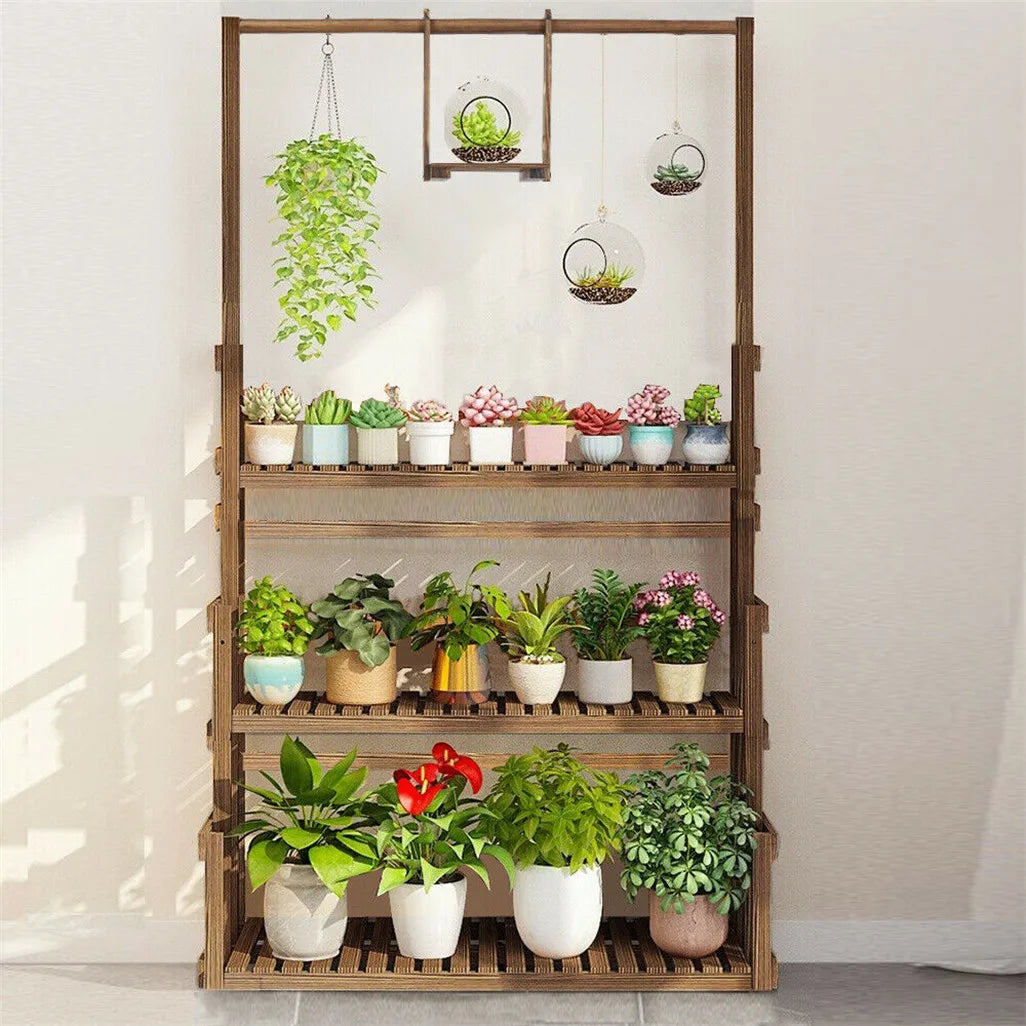 Wooden Hanging Plant Stand With Three Tier Flower Shelves