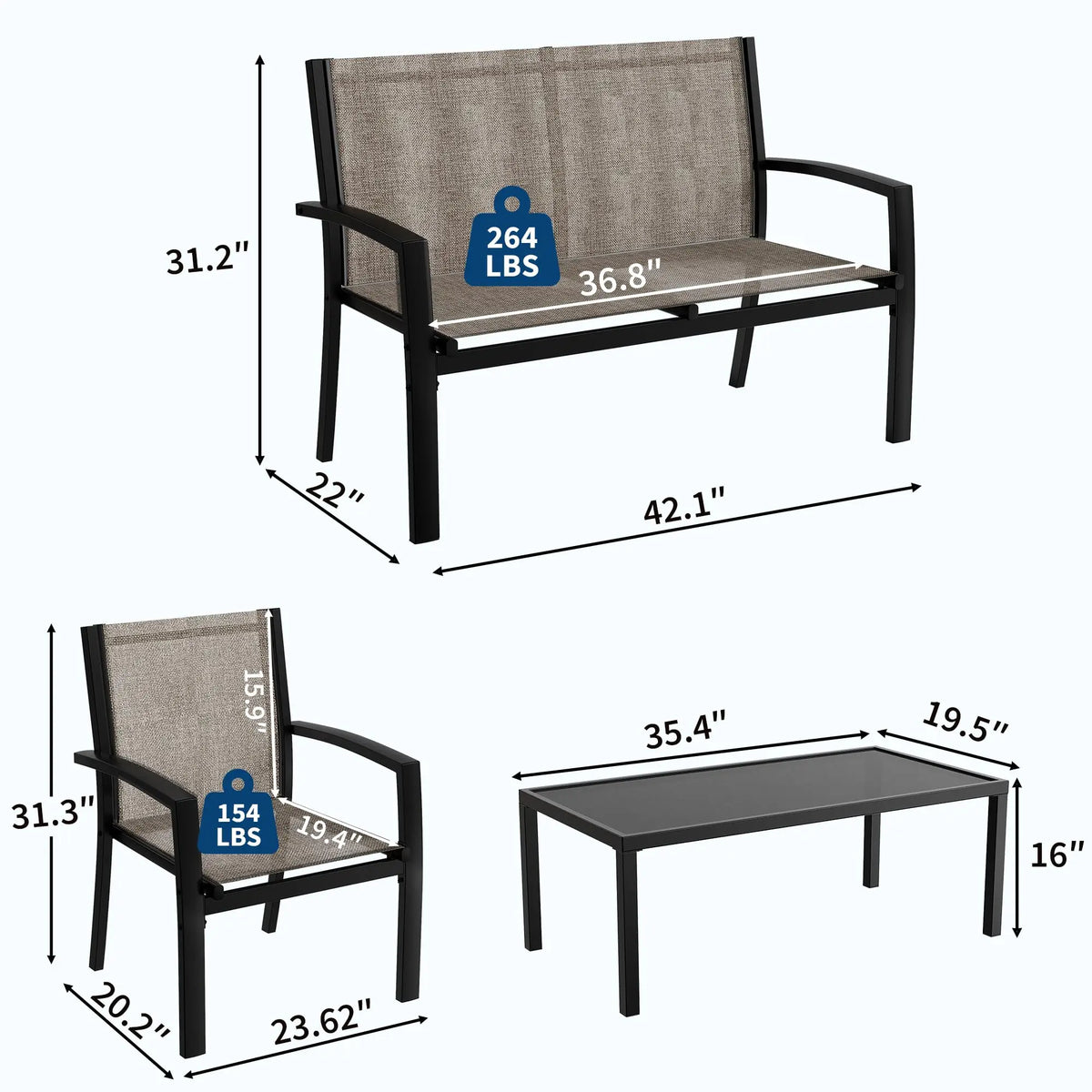 HiMISS Modern Metal Patio Furniture Set With Breathable Mesh Seating