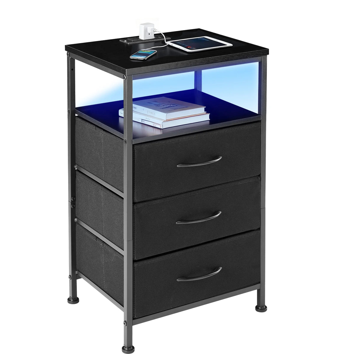 JHK Fabric Drawer Nightstand With Charging Station And USB Ports