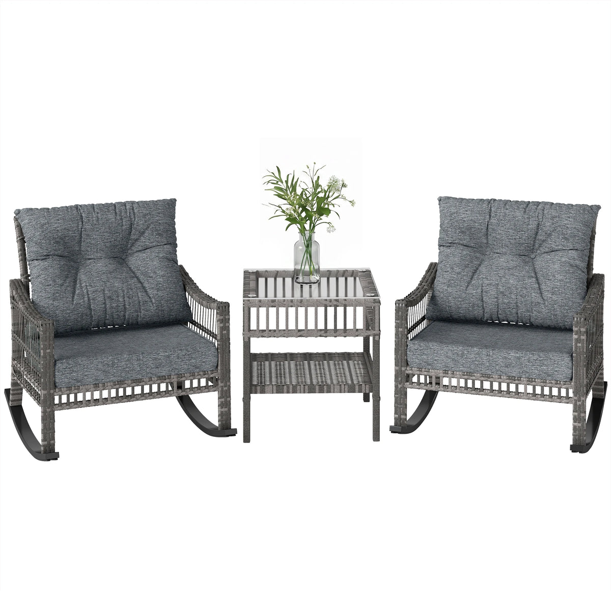 Outsunny Outdoor Rattan Rocking Chair Set With Tempered Glass Table