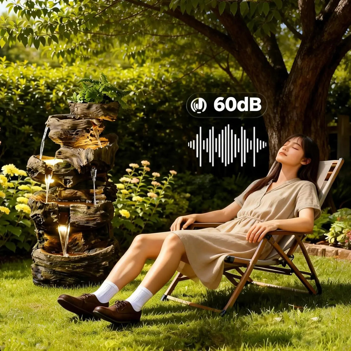 Tree Trunk Outdoor Waterfall Fountain With LED Lights For Garden