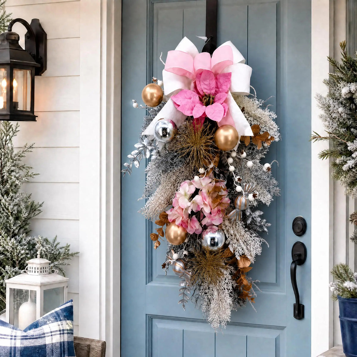 HiMISS Frosted Christmas Teardrop Swag With Satin Ribbon Bow