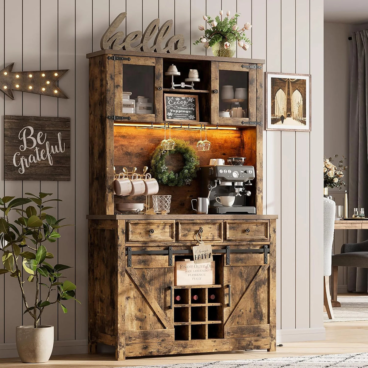 HiMISS Farmhouse Coffee Bar Cabinet With LED Lights And Storage