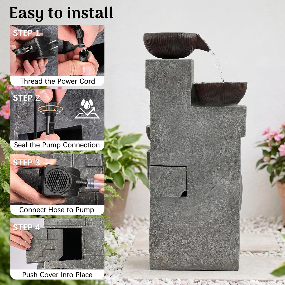 Cascading Water Fountain With LED Lights And Adjustable Flow Pump