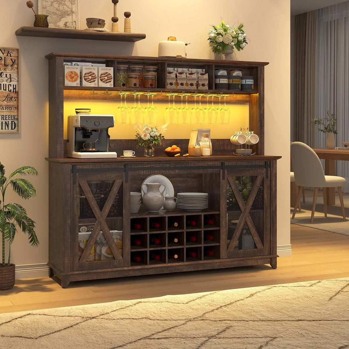 XIUWO Farmhouse Coffee Bar Cabinet LED Lighting And Wine Storage
