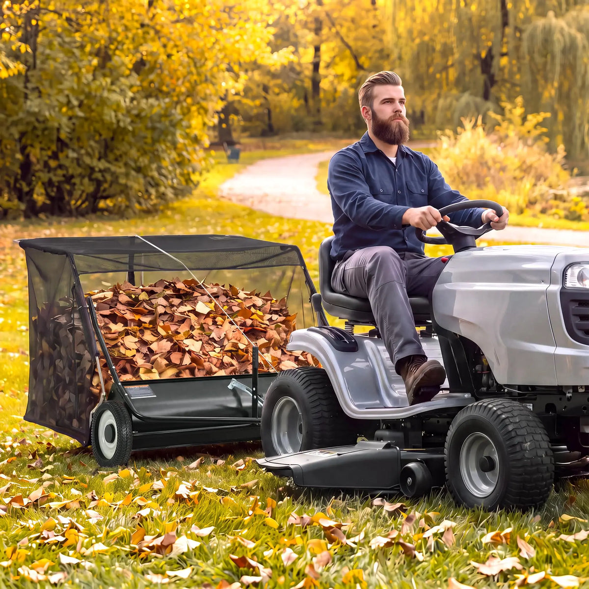 HiMISS Tow Behind Lawn Sweeper With Easy Pull Rope Dump
